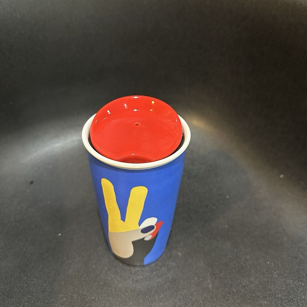 Starbucks Ceramic Travel Mug Rare Collectible Peace Sign Blue Red Yellow 12oz - Picture 2 of 7